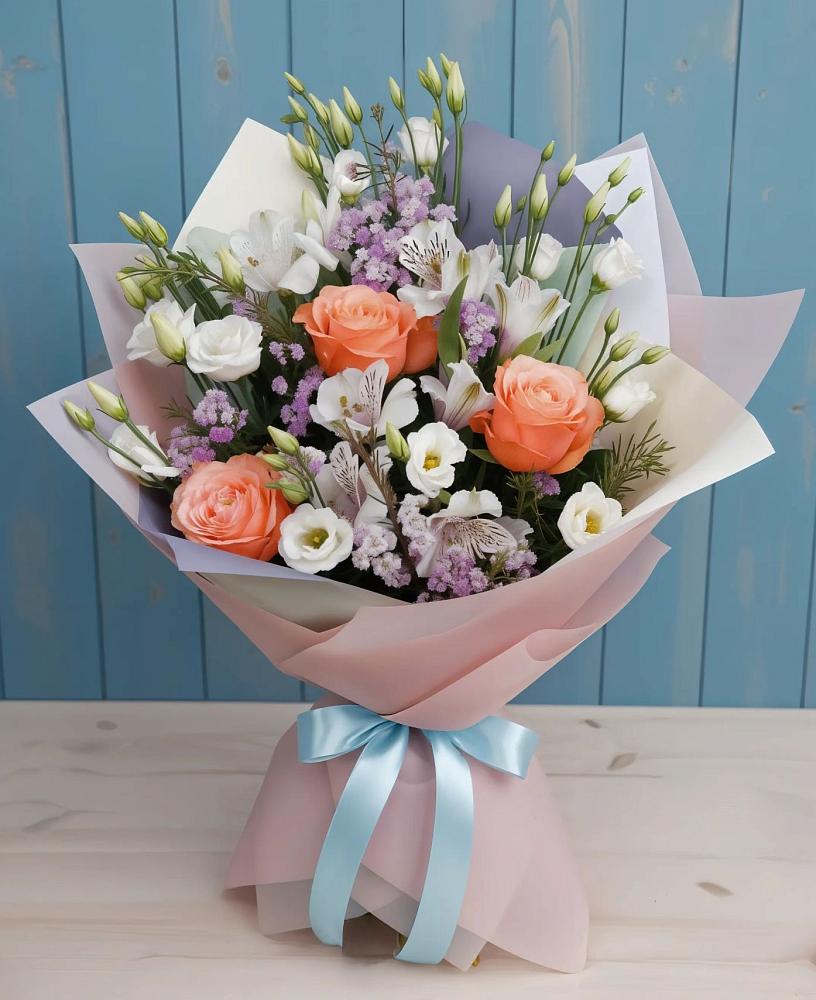 Букет цветов из: Лизиантусы, Розы, Альстромерии и Гипсофила в Боготоле